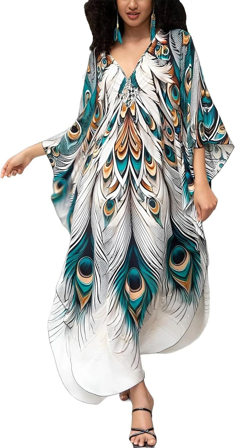 Plus Size Kaftan Dress for Women - Maxi One Size, Peacock Line
