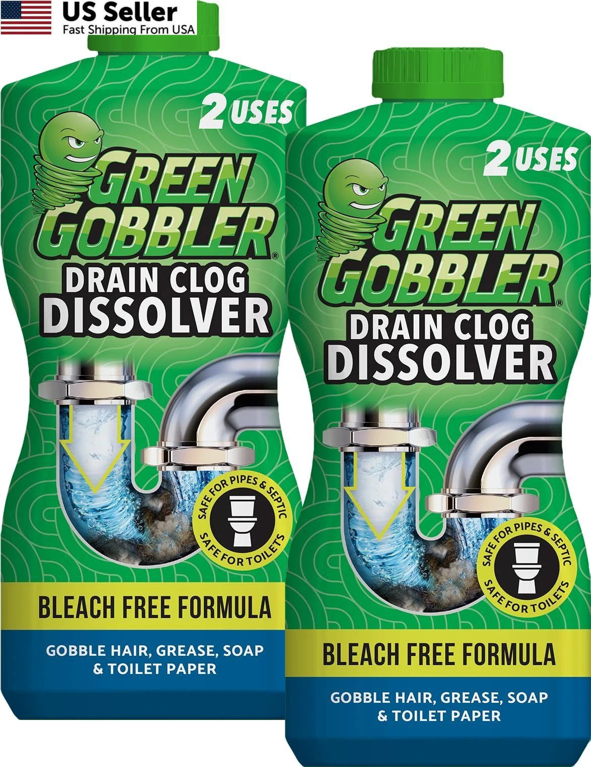 2X Green Gobbler Drain Clog Dissolver for Clogs (Pack of 1)