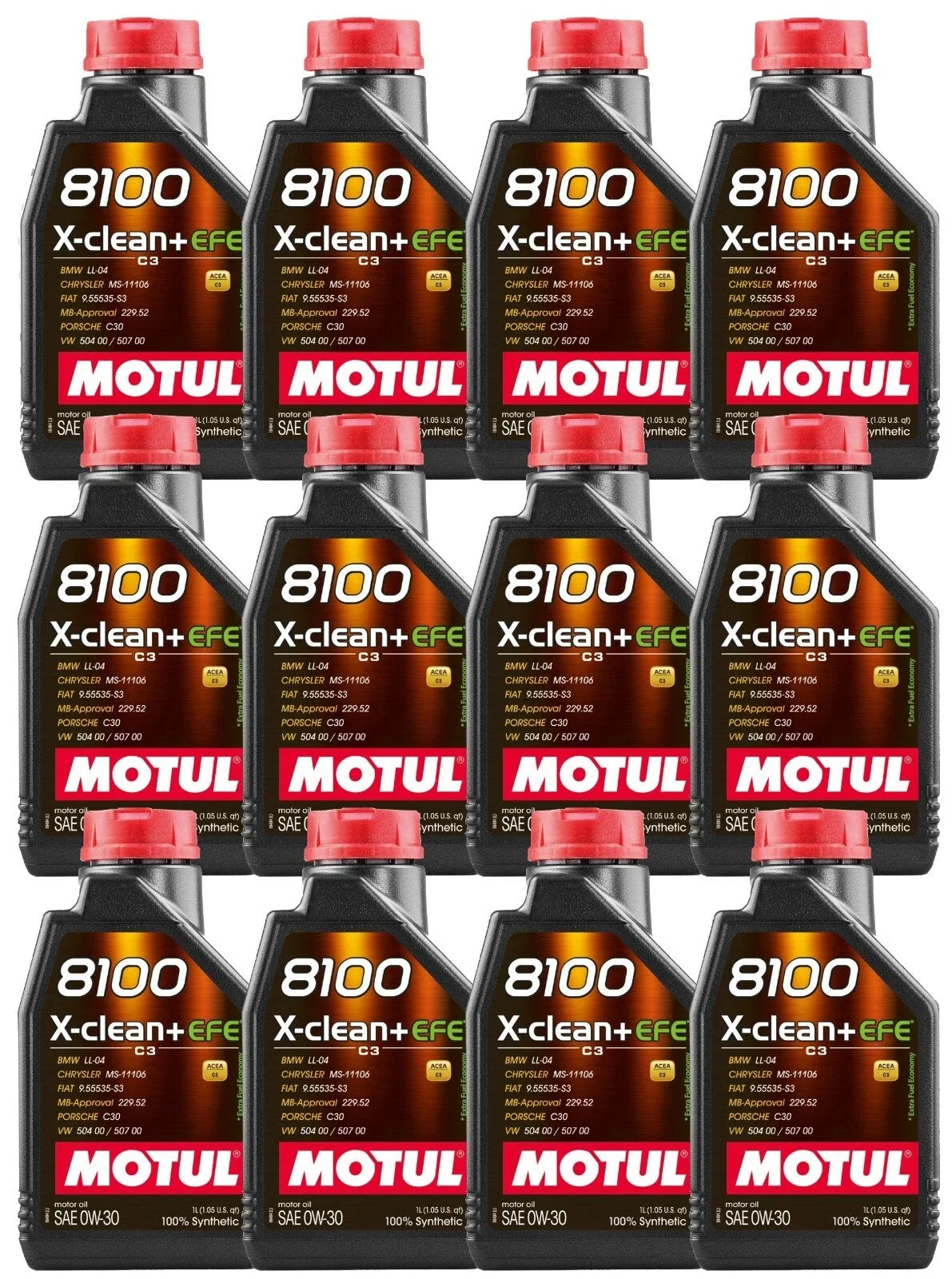 Set of 12 Motul 8100 X-CLEAN+ EFE 0W-30 Synthetic Engine Oil (12L)
