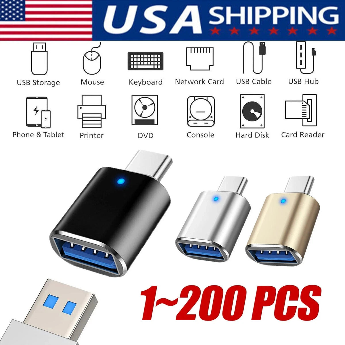 LED USB-C to USBA Female Adapter for Android Phone (2015–2023)