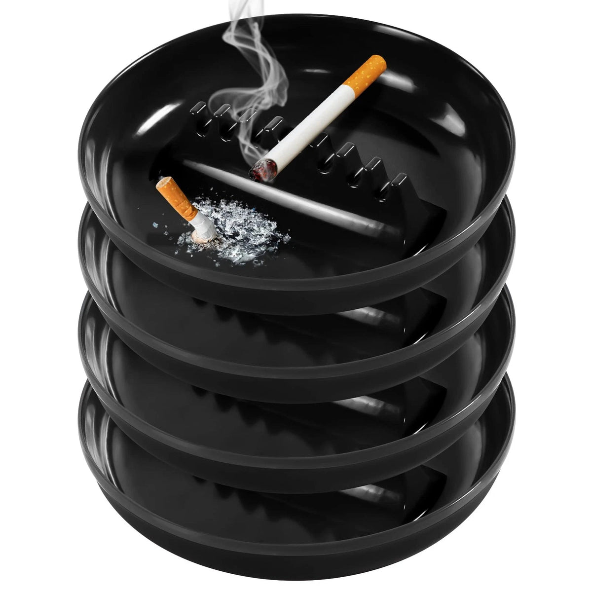 Set of 4 Plastic Ashtrays for Cigarettes and Cigars - Black