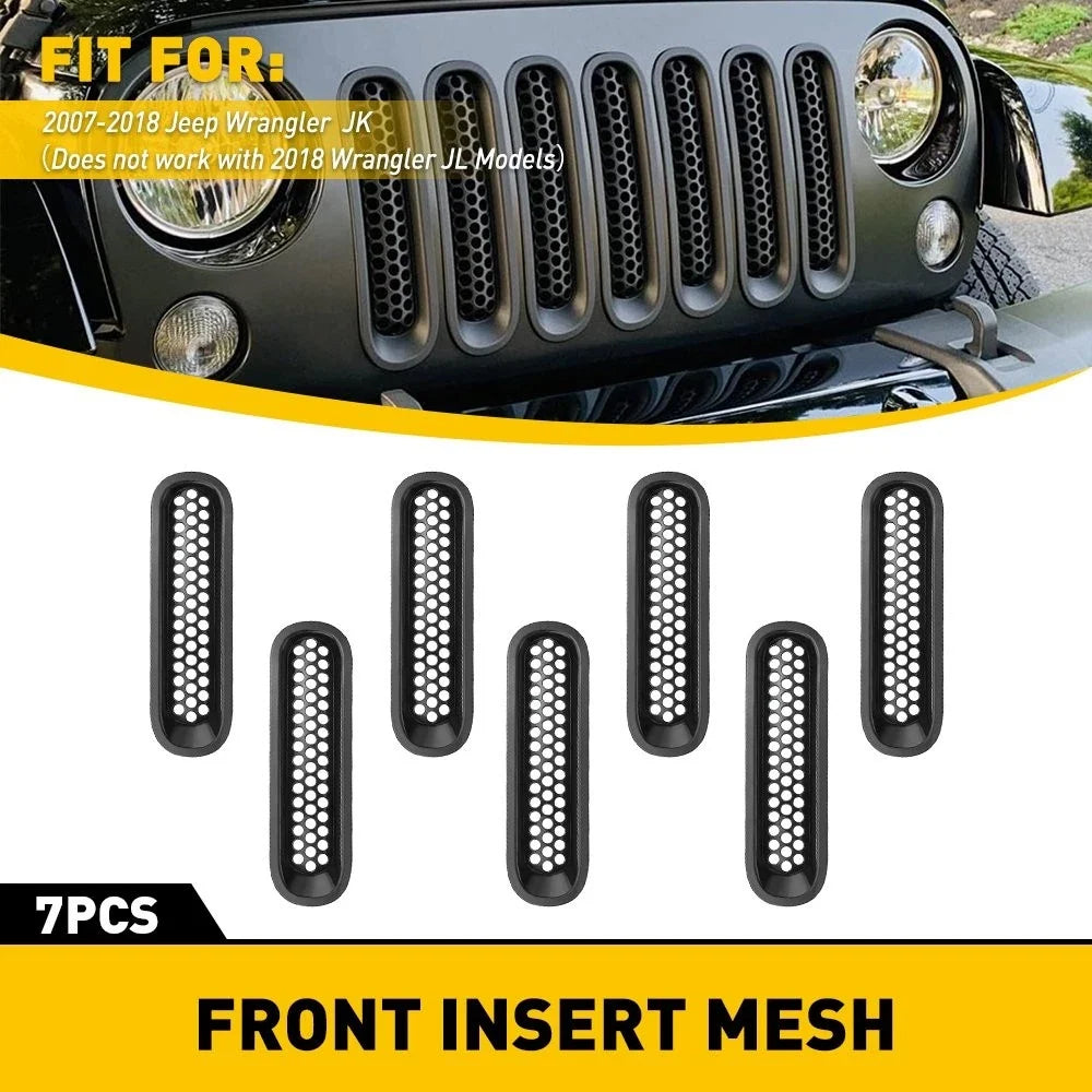 7Pcs Matte Black Mesh Grille Trim for Jeep Wrangler JK (2007–2018)