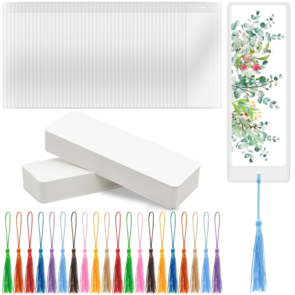 100 PCS Blank Bookmarks with Clear Sleeves and Colorful Tassels