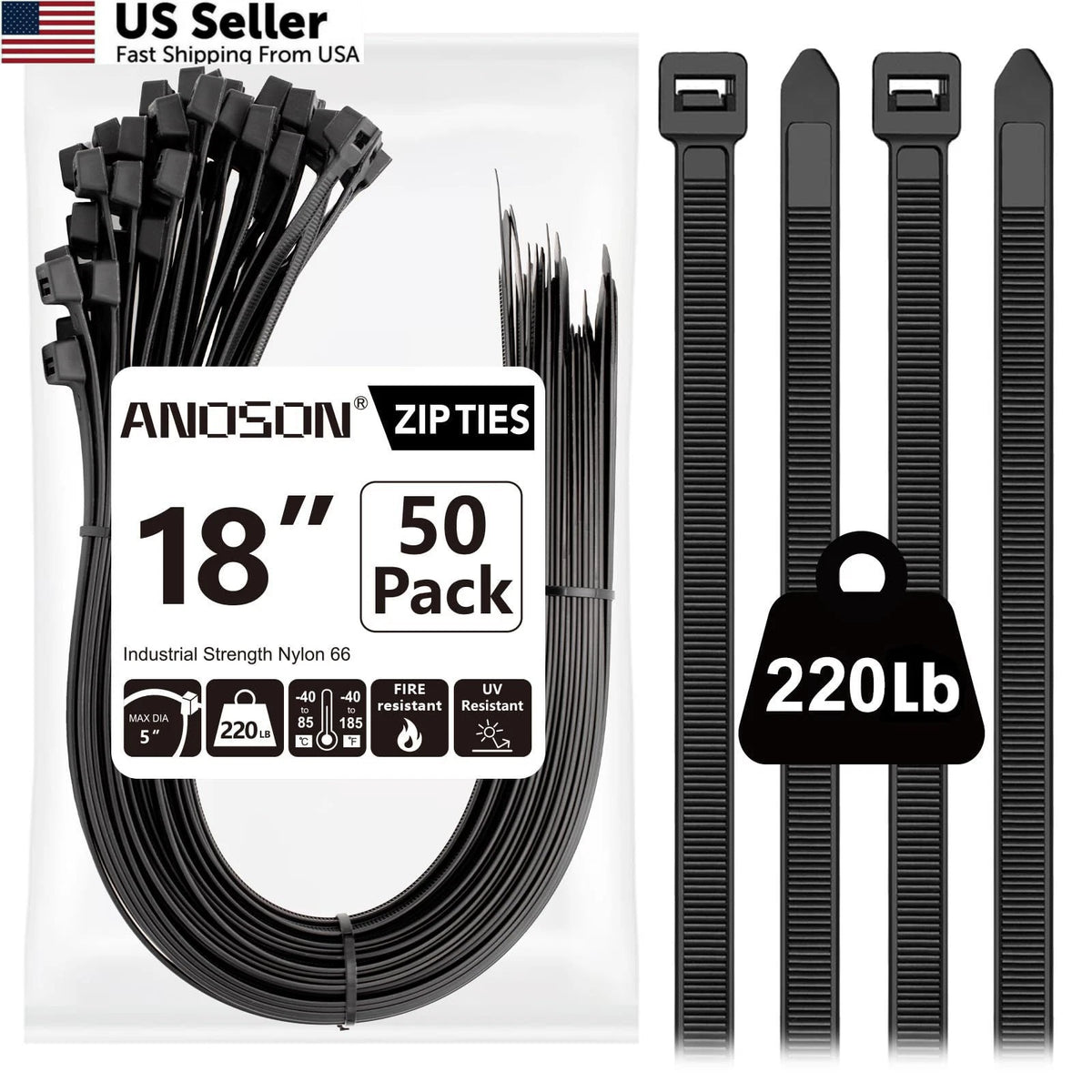50 Pack Heavy Duty Zip Ties for Various Applications (18 Inch, 220 lb)