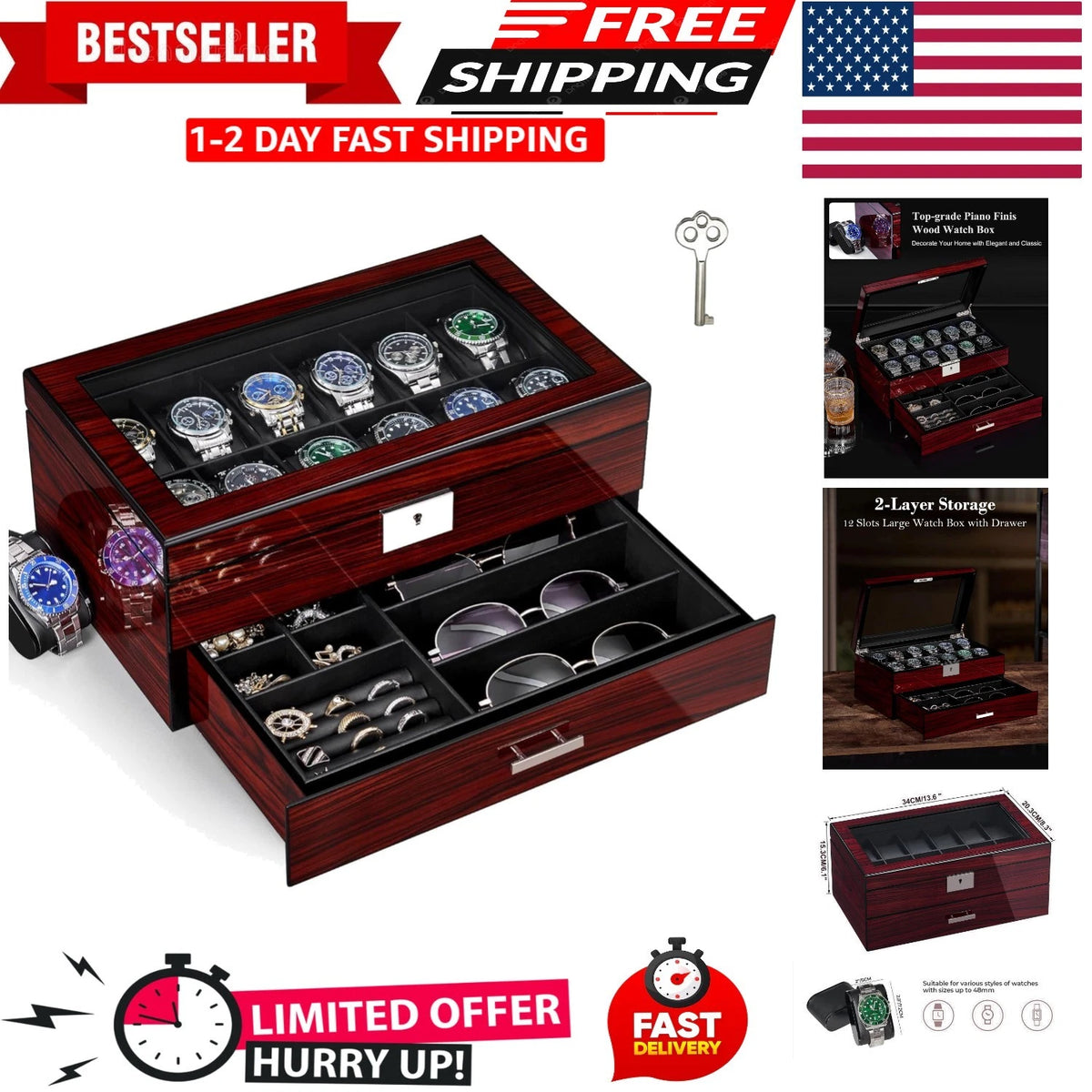 12 Slot Wooden Watch Box for Men (No specific part numbers)
