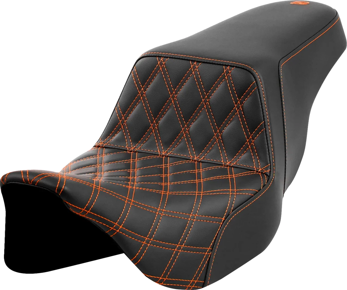 SADDLEMEN Step-Up Seat for FLH/FLT (2008–2023) - Front Lattice Stitch, Orange Stitch