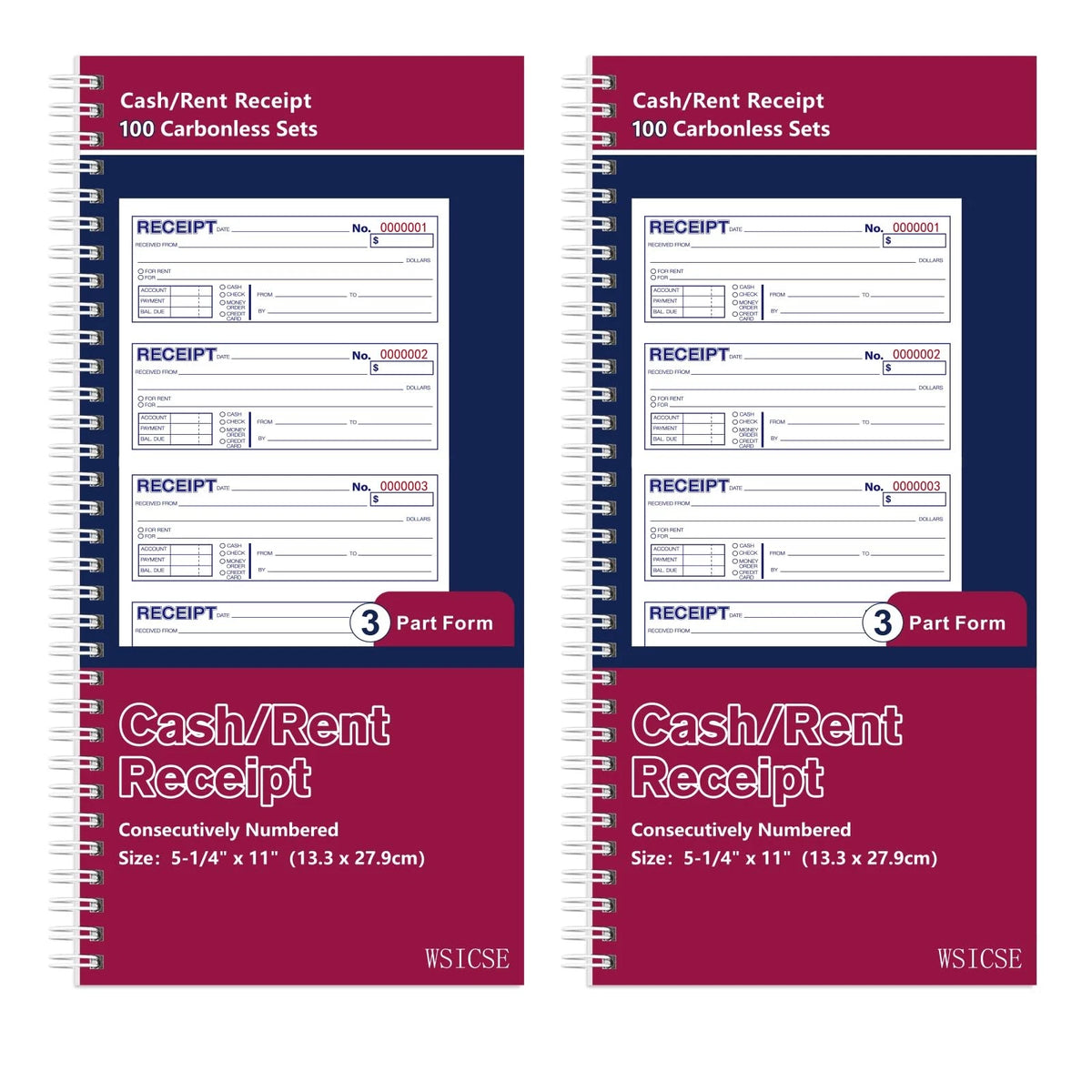 2 Pack Receipt Books with Carbon Copies for Rent Book (3-Part)