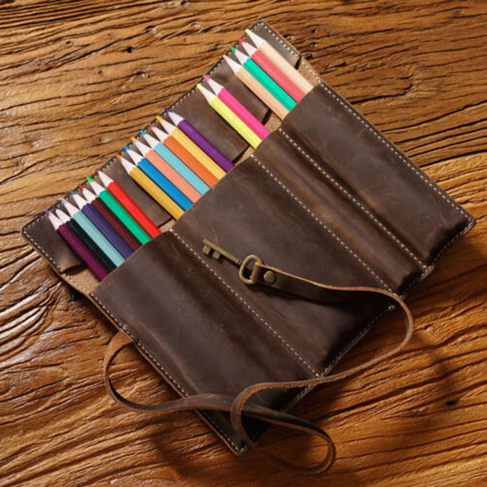 Leather Deluxe Rolling Pencil Case for Simple Holder Storage Bag