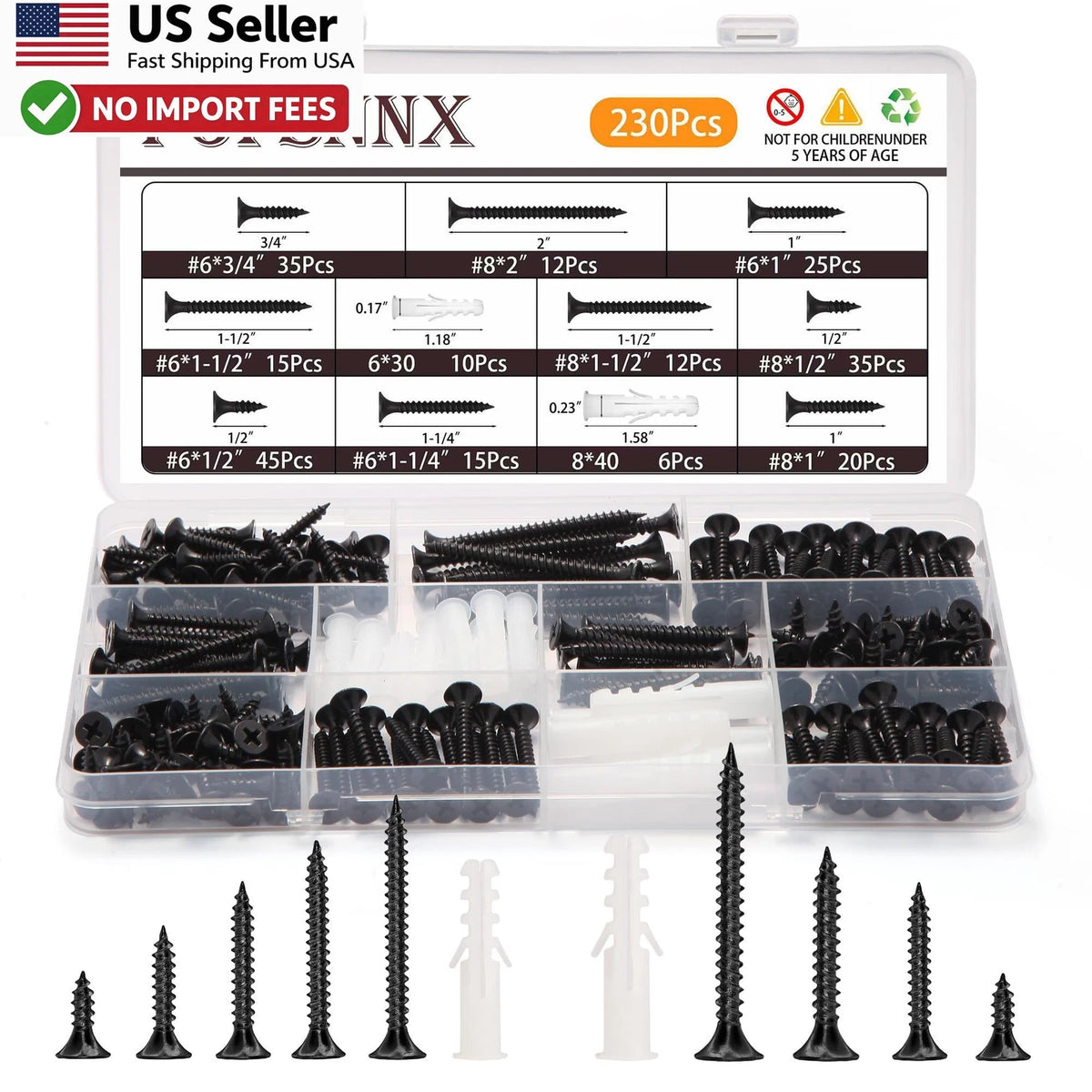 230 Pcs Wood Screws Assortment #6 #8 Phillips Flat Head