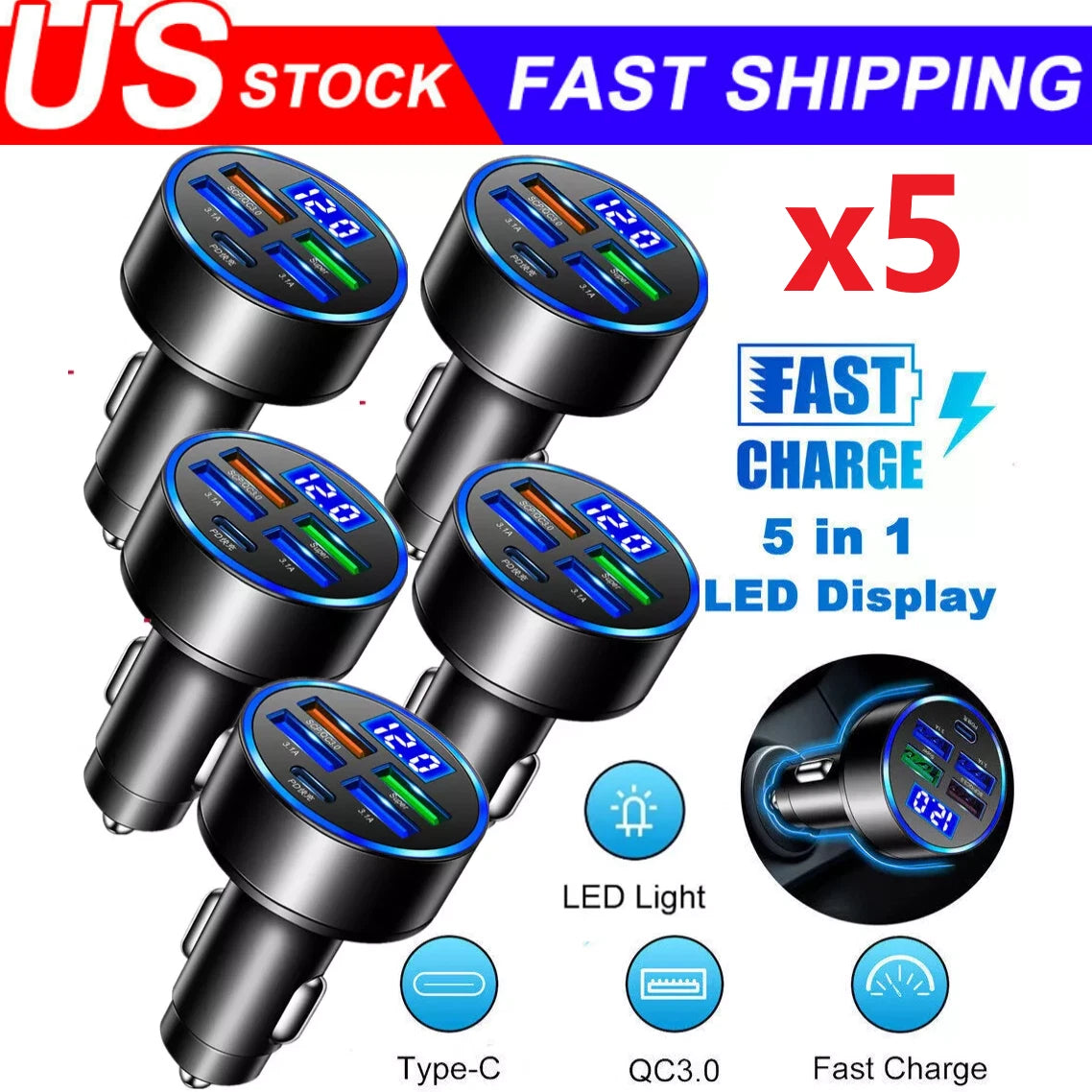 5X USB Port Super Fast Car Charger Adapter for iPhone Samsung Android