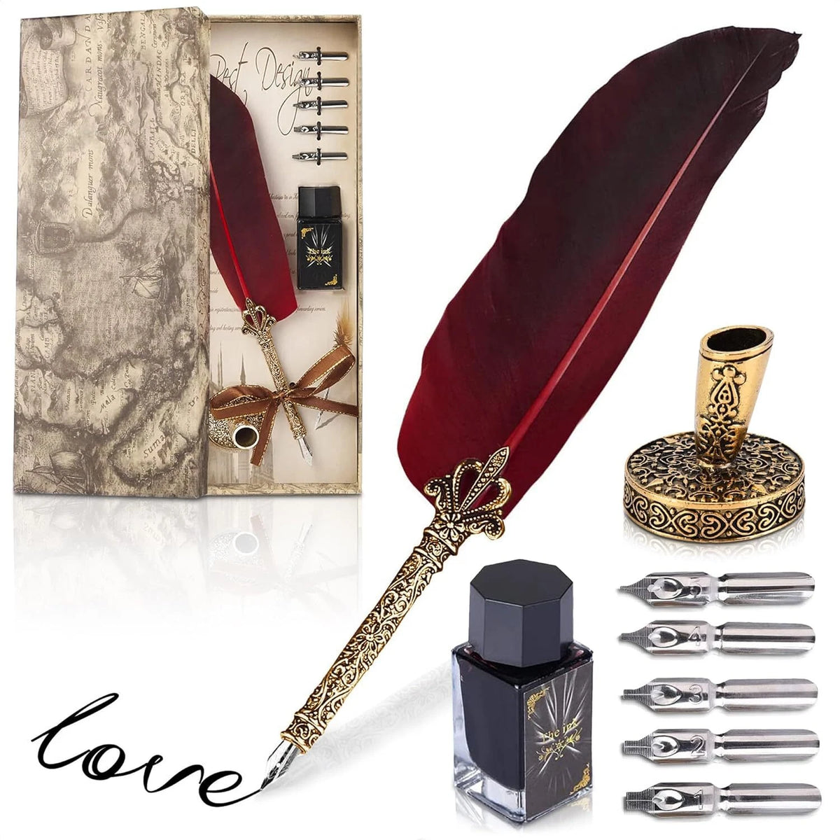 Feather Quill Pen and Ink Set for Calligraphy (Featherpen_red)