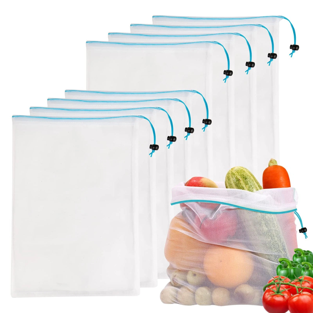 Set of 8 Reusable Blue Mesh Produce Bags - Large 12"x17"