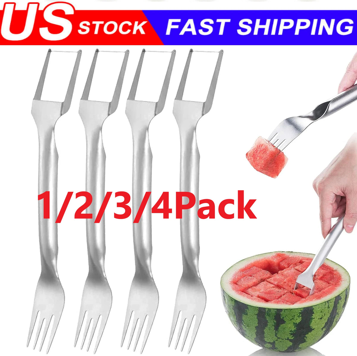 4X Watermelon Slicer Cutter 2-in-1 Fork Stainless Steel Fruit Tool