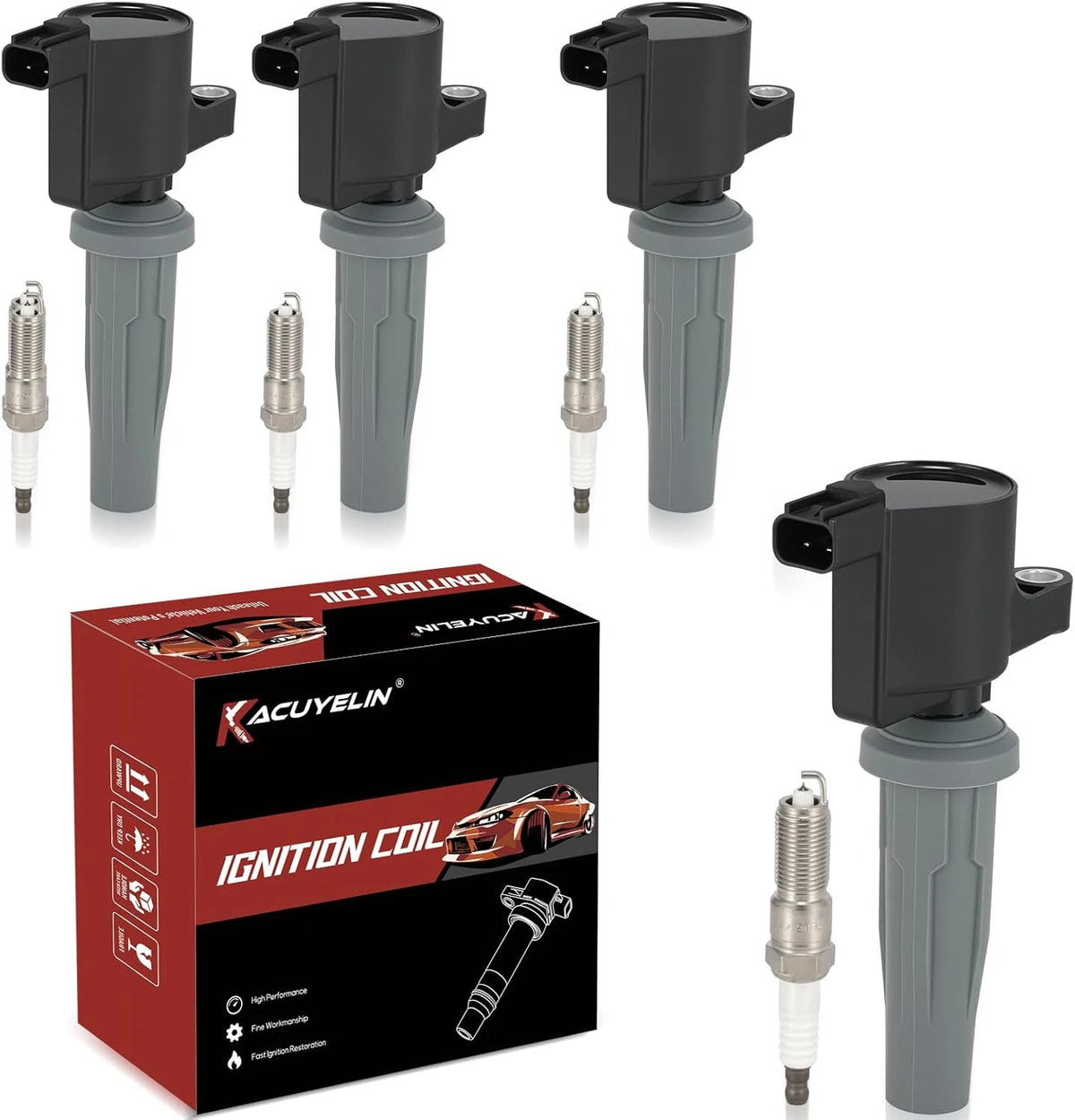 Set of 4 Ignition Coil Pack & Iridium Spark Plugs for Ford E (KY-UF621-ZH)