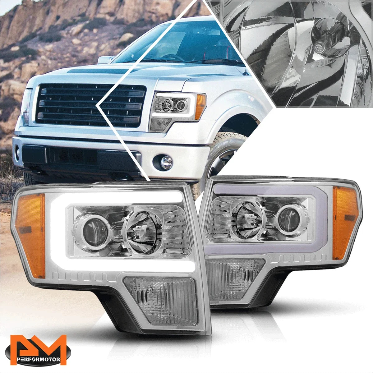 LED DRL Projector Headlights for Ford F150 (2009–2014) Amber Corner Chrome