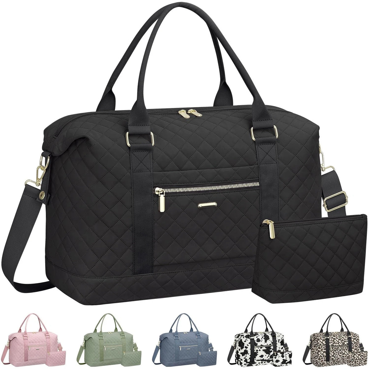Quilted Travel Duffle Bag for Women - Medium, Black