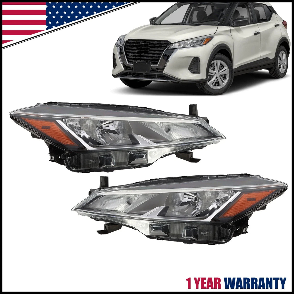 Set of 2 Halogen Headlights for Nissan Kicks (2021–2023) Chrome Left+Right