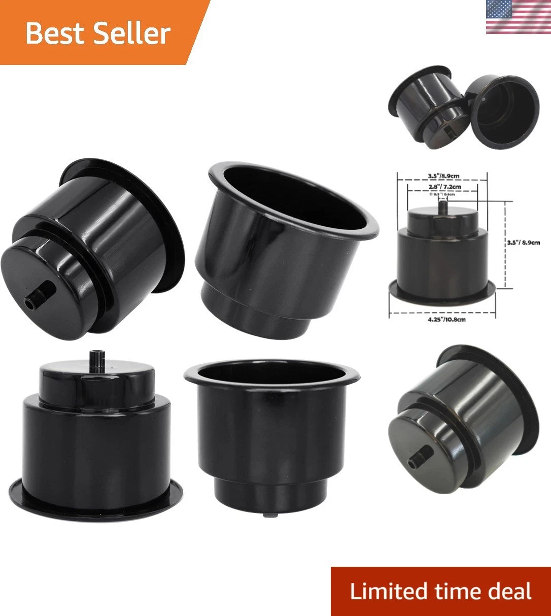 Set of 4 Black Plastic Cup Holder Inserts for Boats & RVs - Universal Fit
