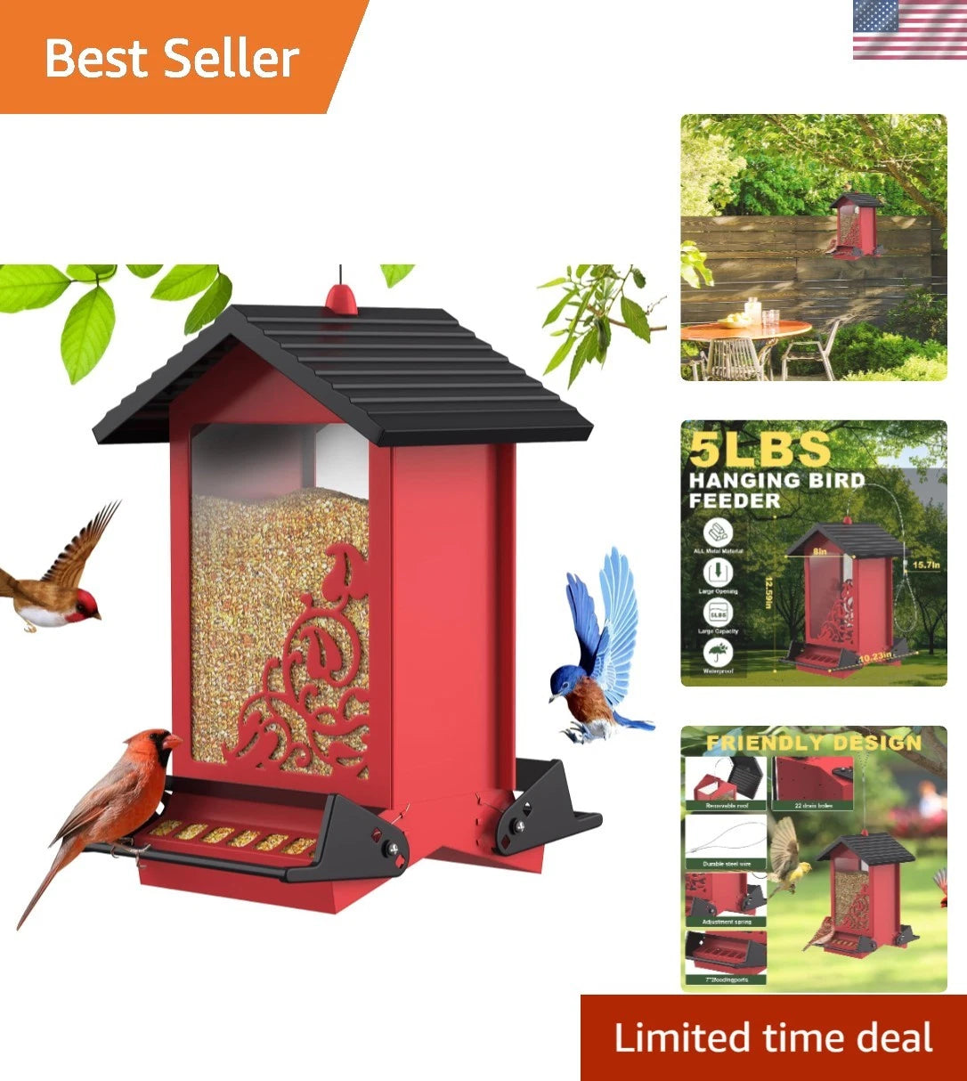 Squirrel Proof Bird Feeder for Backyard Birds (5LB Hanging Red Metal)