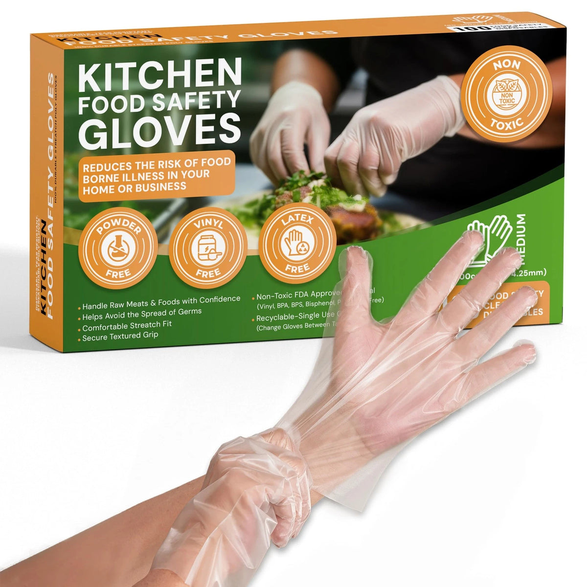 Box of 100 Clear Disposable Gloves for Food Prep - Medium