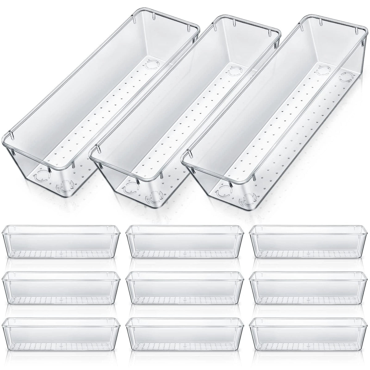 12 Pcs Clear Drawer Organizer Trays for Makeup (9 x 3 x 2 Inches)