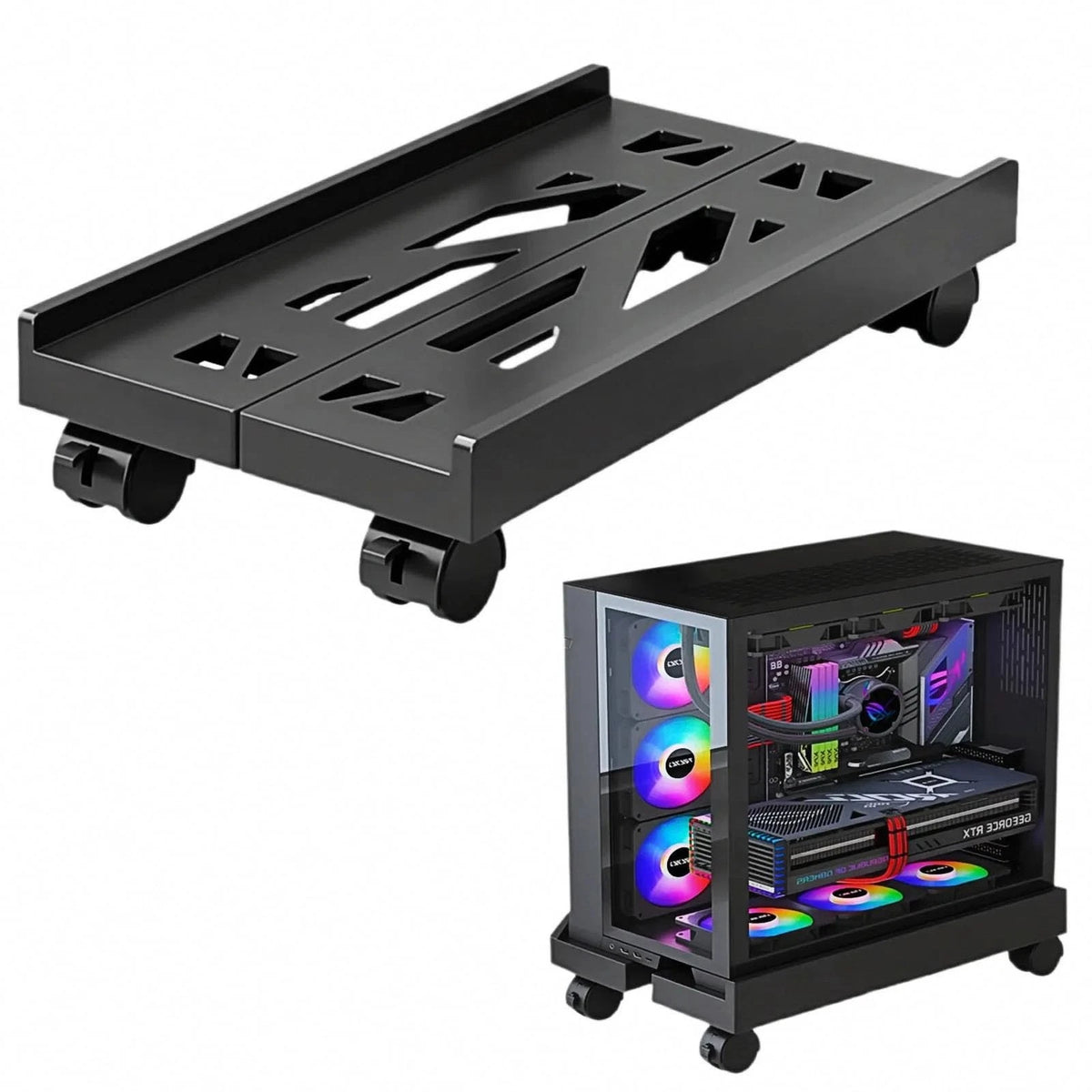 Adjustable Mobile CPU Stand with 4 Caster Wheels (Ventilated Black)