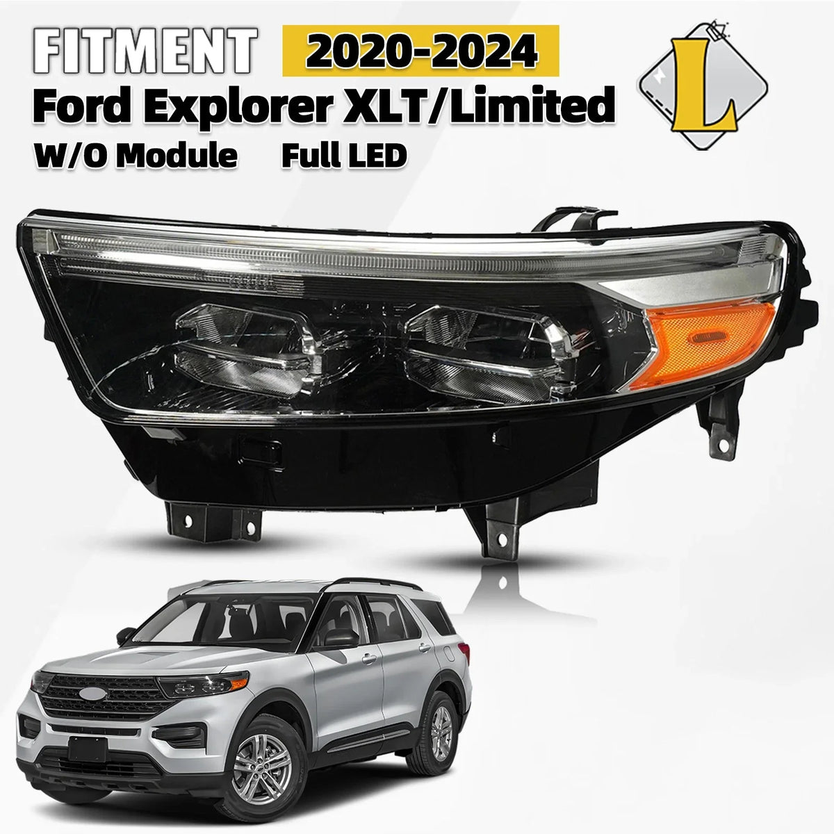 Full LED Headlight w/LED DRL for Ford Explorer (2020–2024) Driver Left Chrome