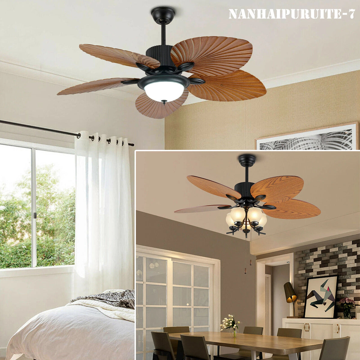 52" LED Ceiling Fan Light for Tropical Chandelier with 5 Palm Leaf Blades
