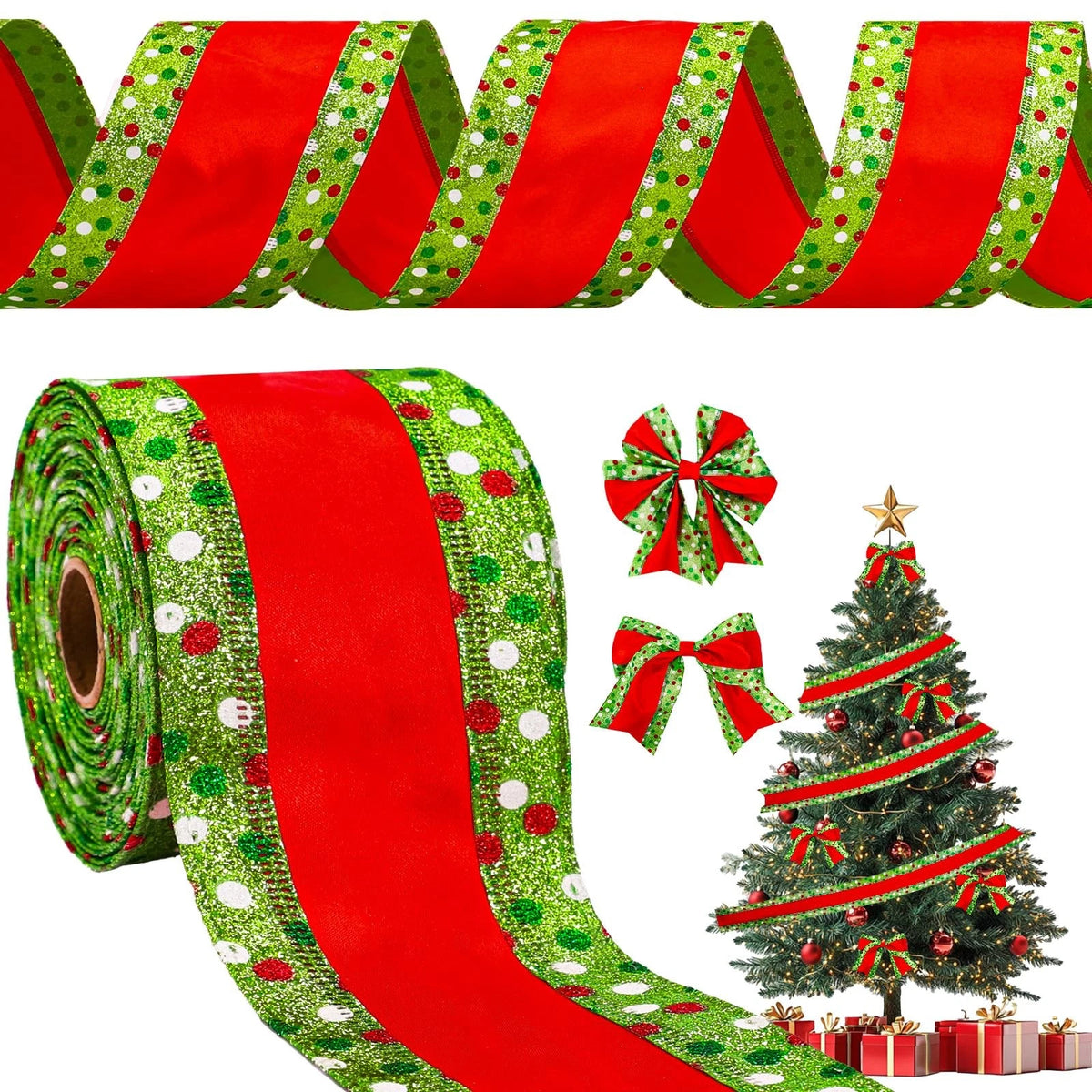 4" Wired Edge Ribbon for Christmas Decor - Red Green Dots Stripe