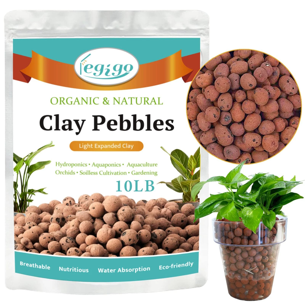 10 LB Organic Leca Clay Pebbles for Plants (4mm-16mm)