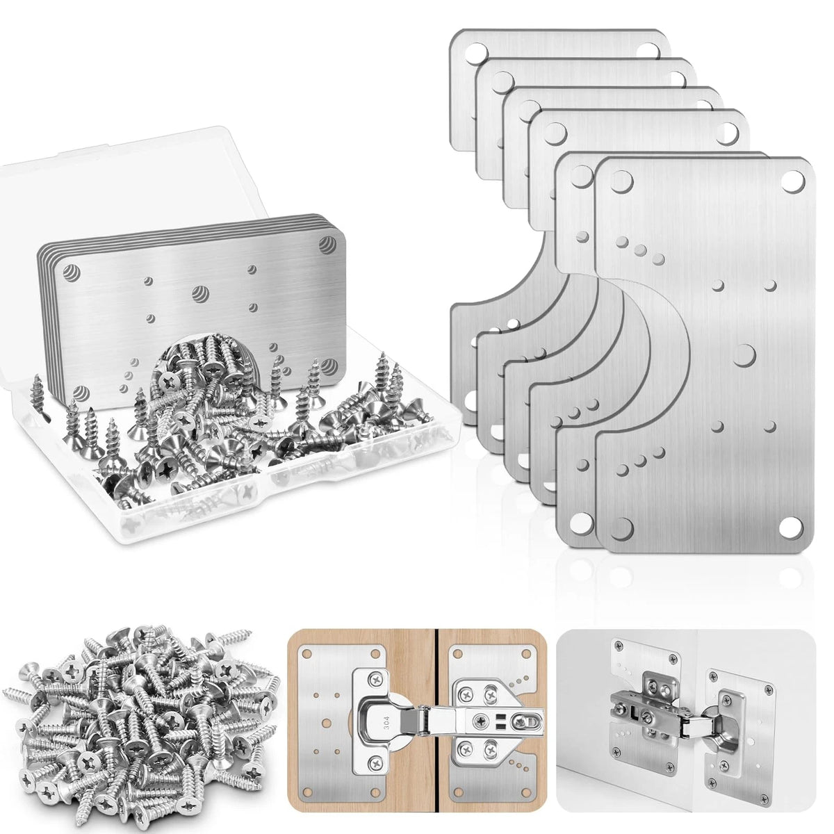 6 Pcs Cabinet Hinge Repair Kit for Medium Cabinets (Stainless Steel, Silver)