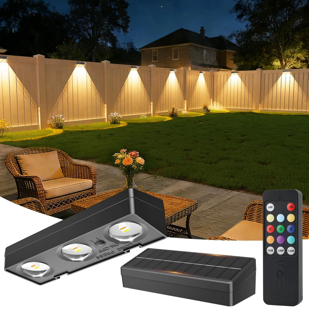 2X Solar Fence Lights with Remote, Color Changing RGB & Warm White