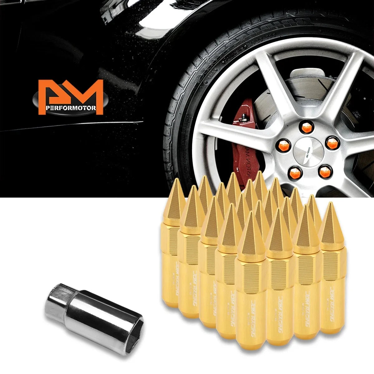 Set of 20 M12X1.5 Gold JDM Hex Spiked Wheel Lug Nuts + 20mm Extension