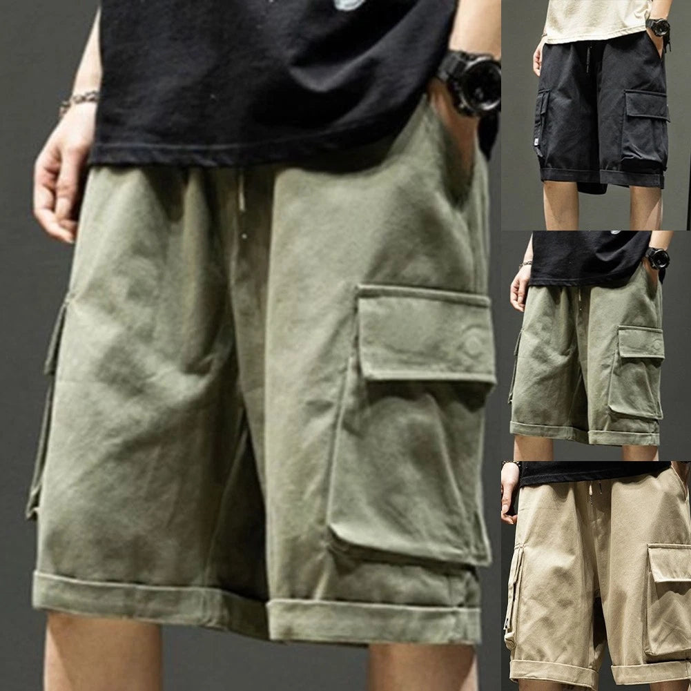 Men's Elastic Waist Cargo Shorts for Summer (Loose Fit, Solid Color)