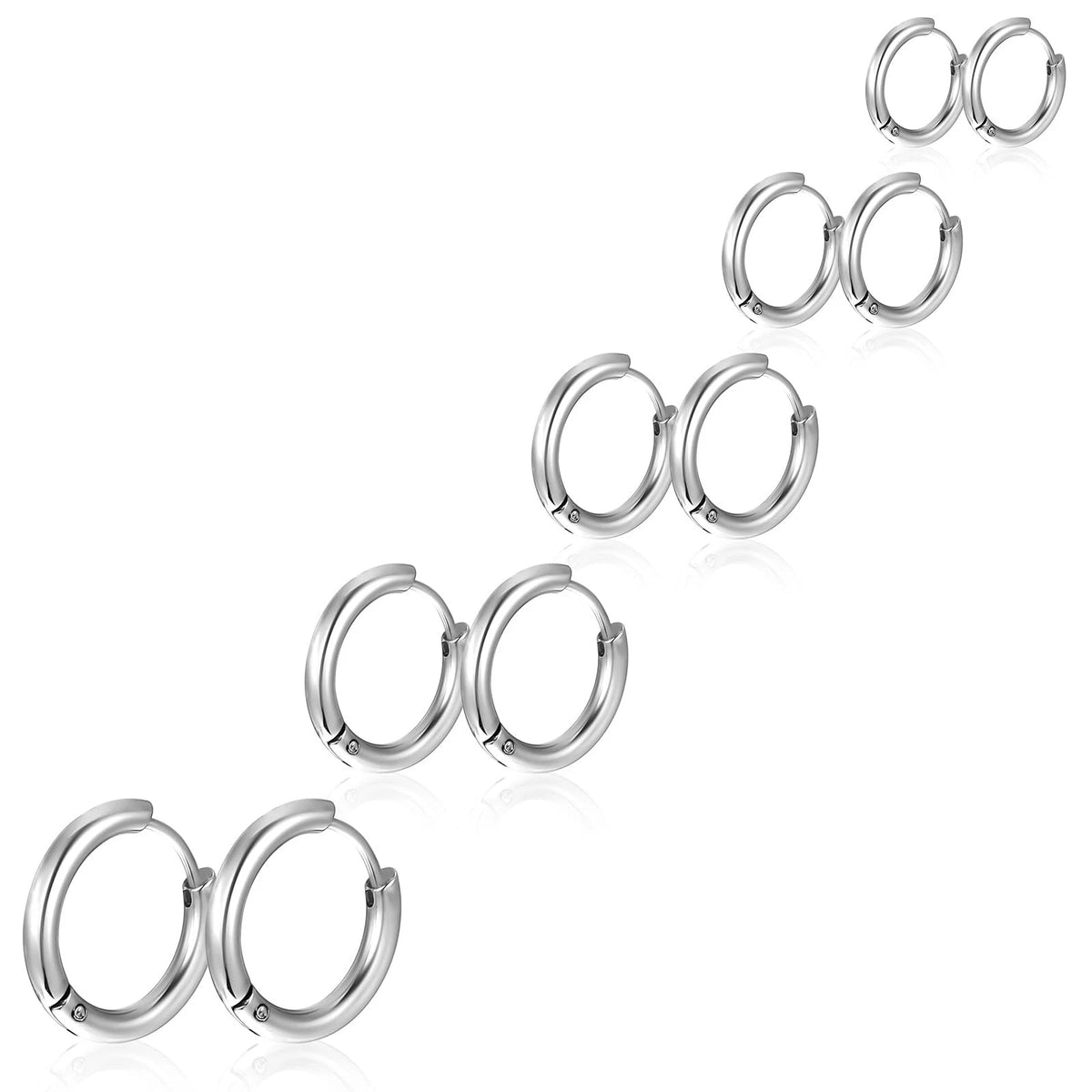 Set of 5 Pairs Solid Titanium Hoop Earrings 8mm-16mm