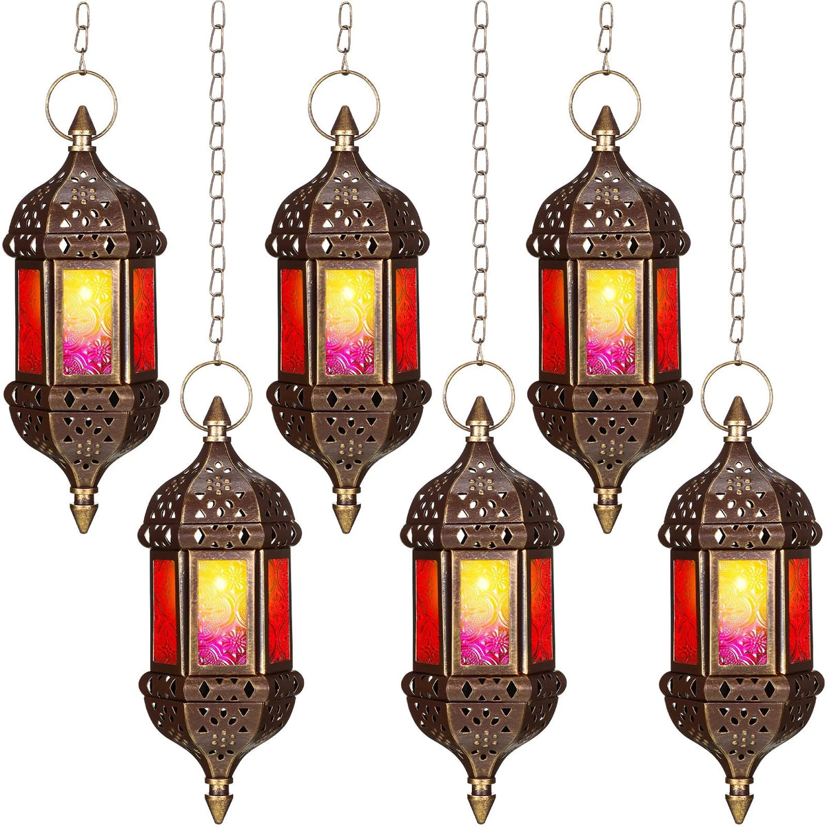 Set of 6 Hanging Moroccan Lanterns - Hexagon Decorative Candle Holders