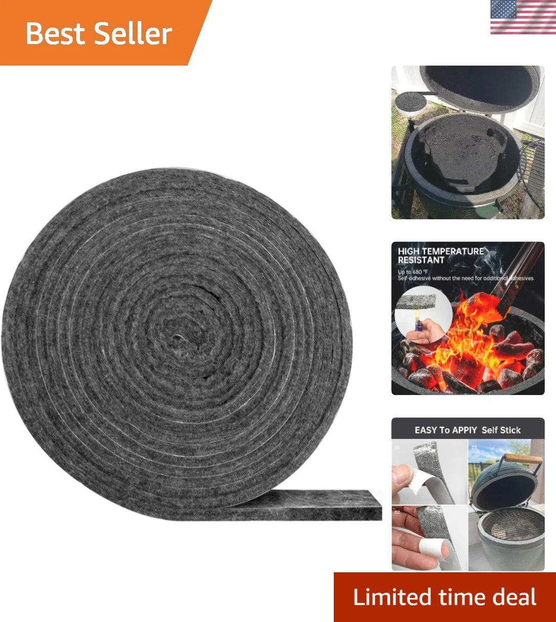 Self-Stick BBQ Grill Gasket for L/XL Big Green Egg (15 ft Felt & Wool)