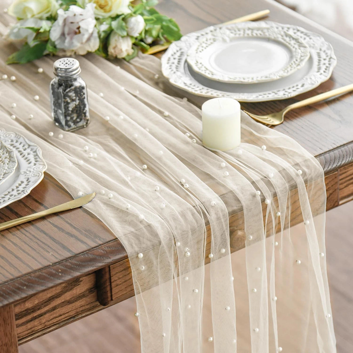 Pearl Beige Gauze Table Runner 120 Inch for Seasonal Dining (No Part Numbers)