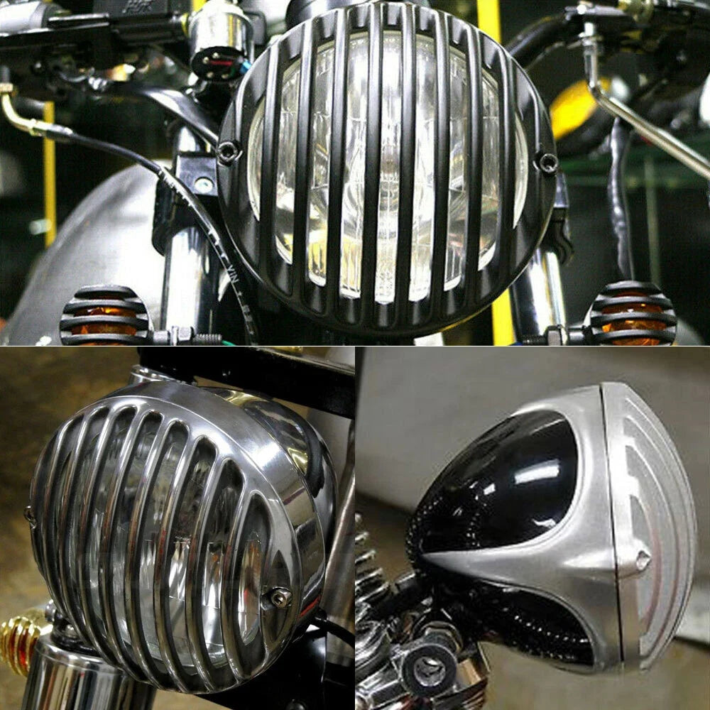 4.7" Retro Round Finned Grill Headlight Chrome for Harley Dyna