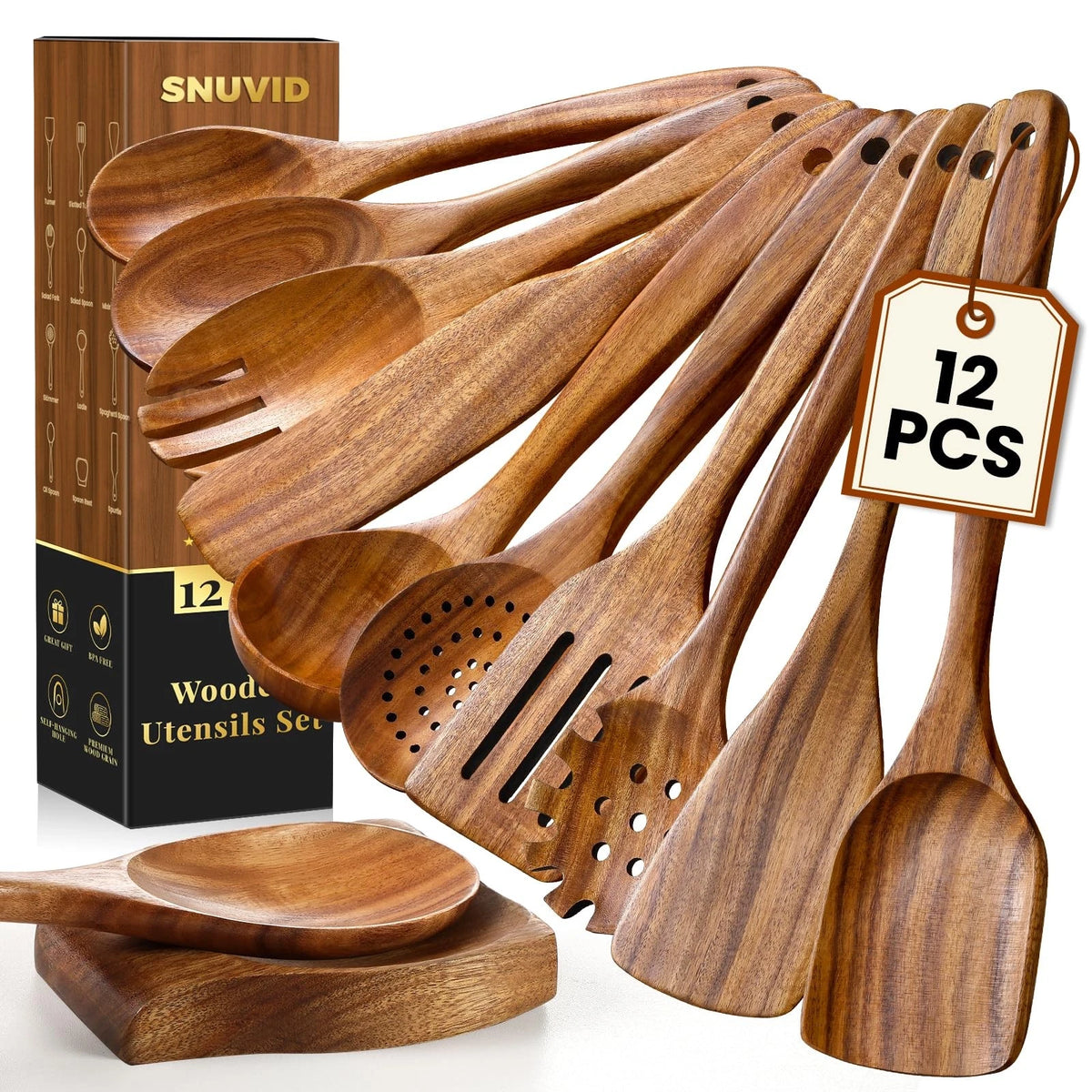 12 Pc Teak Wood Cooking Utensils Set for Kitchen (Heat Resistant)