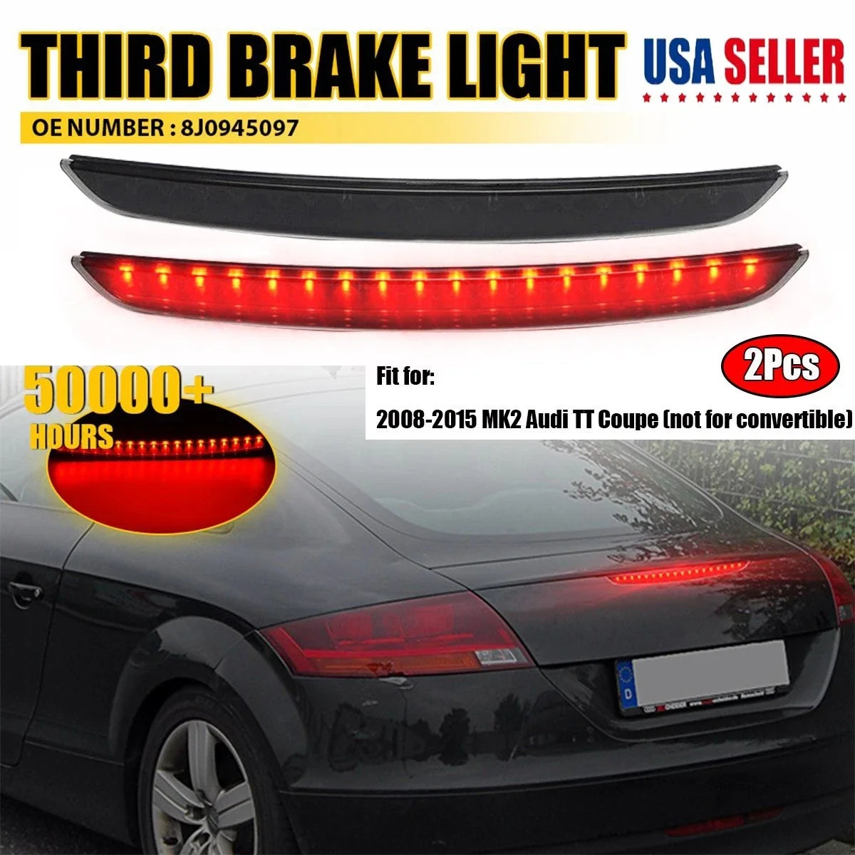2X Smoke Full LED Trunk Lid Third Brake Light Bar for Audi TT (2008–2015)