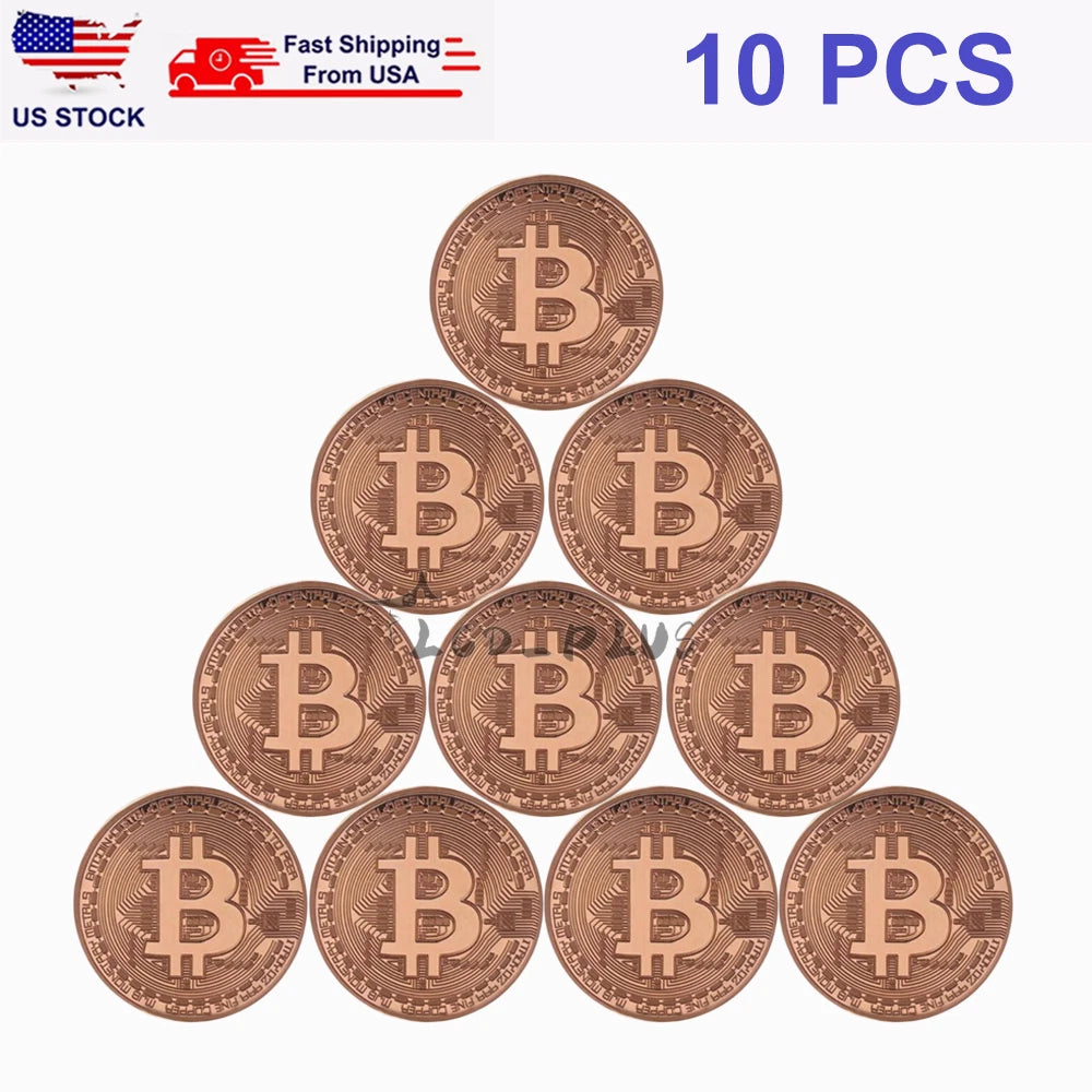 10Pcs Rose Gold Bitcoin Commemorative Coin Collectible Gift