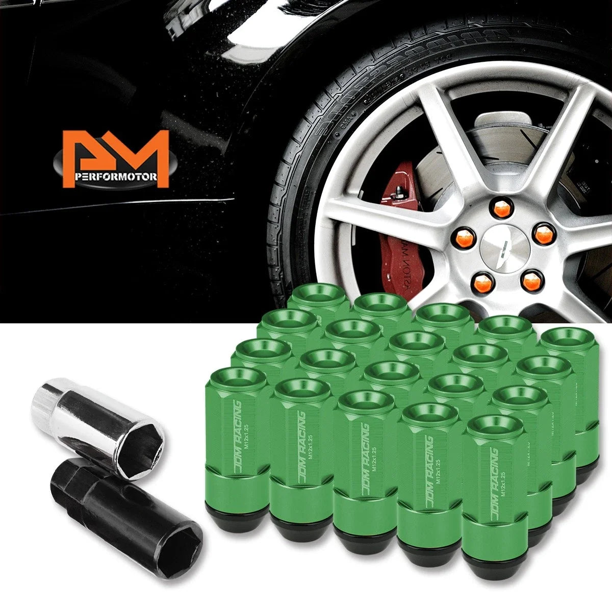 20Pc M12X1.25 Green JDM Cone Seat Hex Wheel Lug Nuts with Cap & Extension