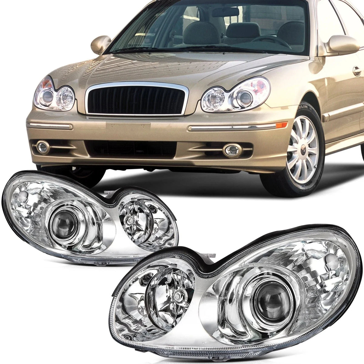 Set of 2 Chrome Halogen Headlights Assembly for Hyundai Sonata (2002–2005)