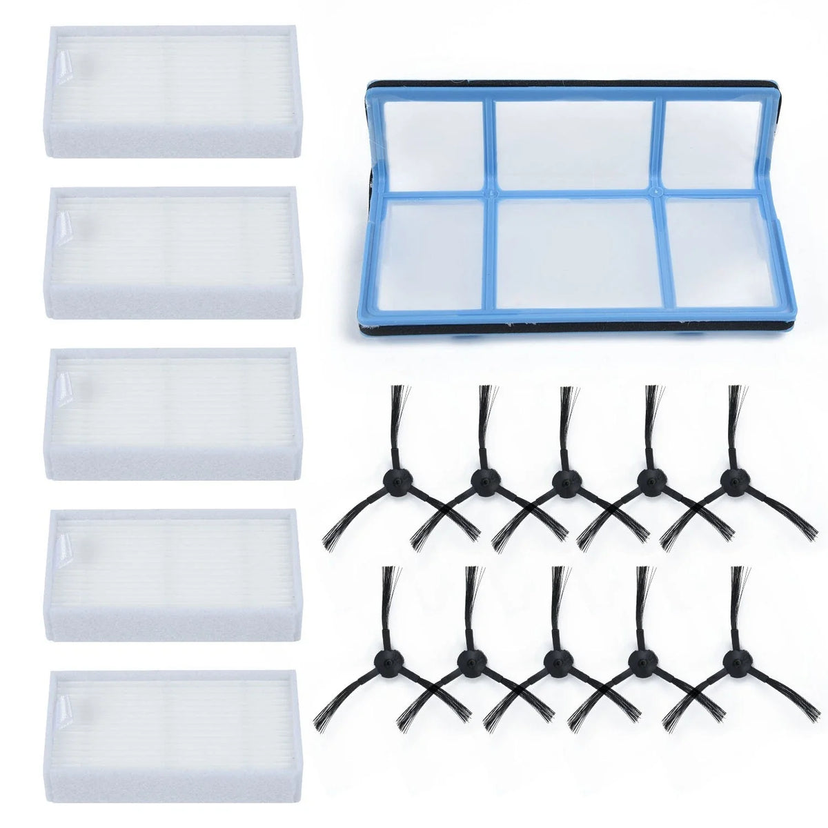 Set of 5 Filters + 10 Side Brushes + Pre-filter Mesh for Medion MD16192 MD18500 MD18501