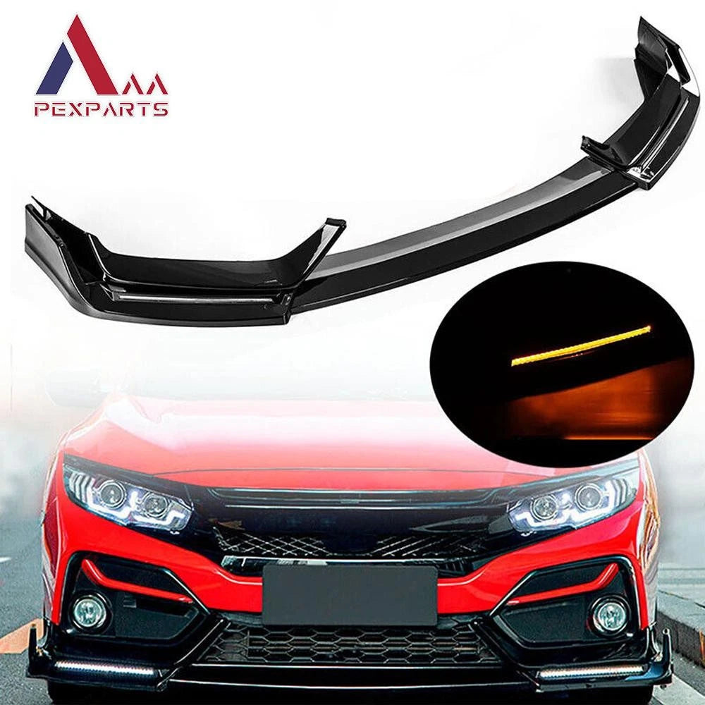 Gloss Black LED Front Bumper Lip for Honda Civic Si & Hatchback (2017–2021)
