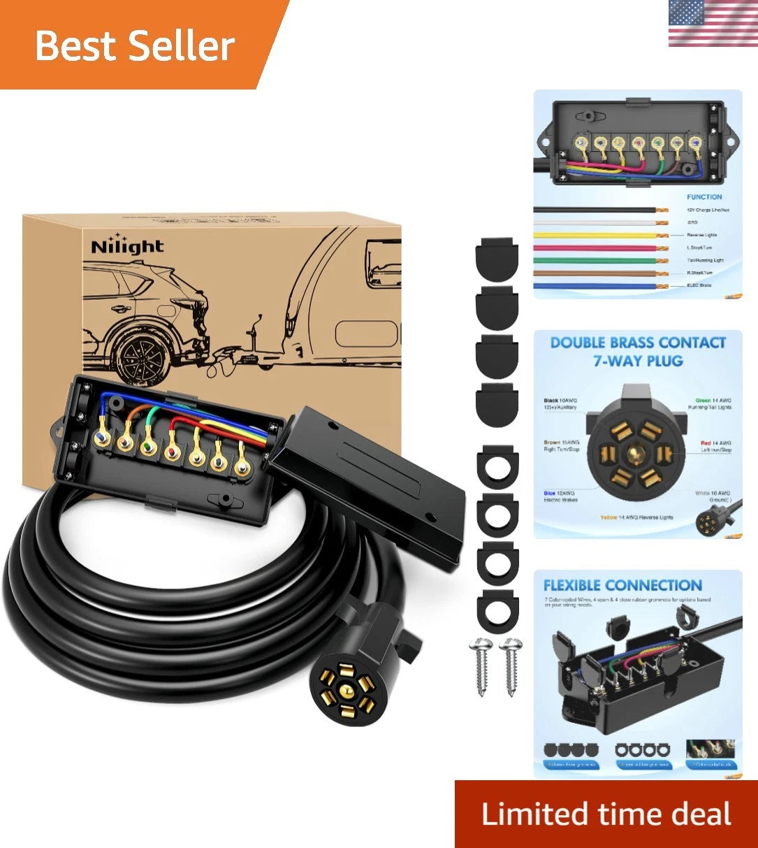 7-Way Trailer Plug for RV Towing (8FT Weatherproof Wiring Harness)