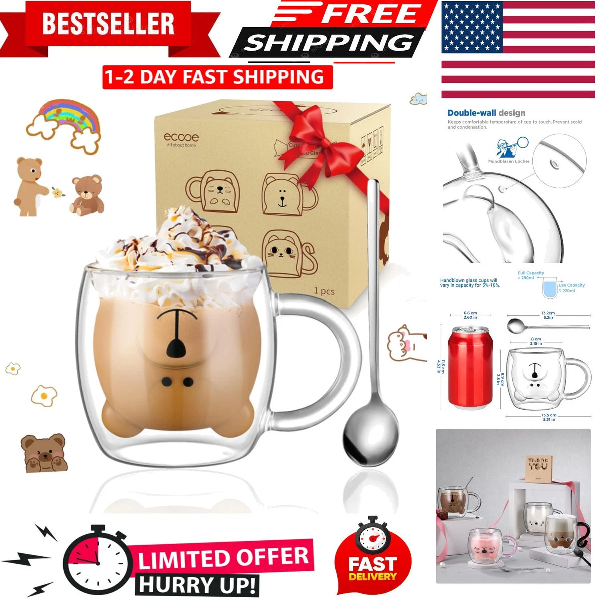 Cute Bear Mug Glass Coffee Cup 9.4oz Double Walled for Coffee Lovers