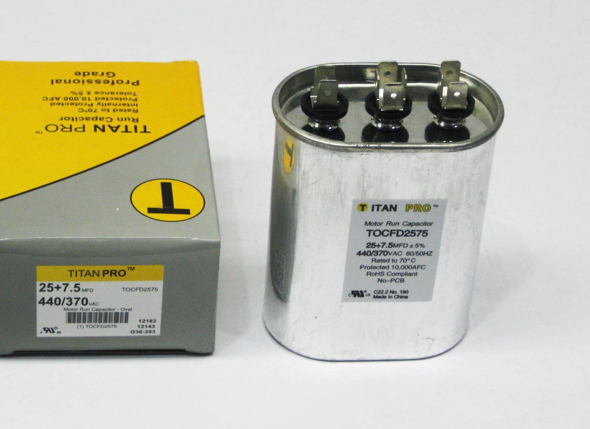 HVAC Oval Motor Run Dual Capacitor for TitanPro (25/7.5 MFD/UF 440/370)