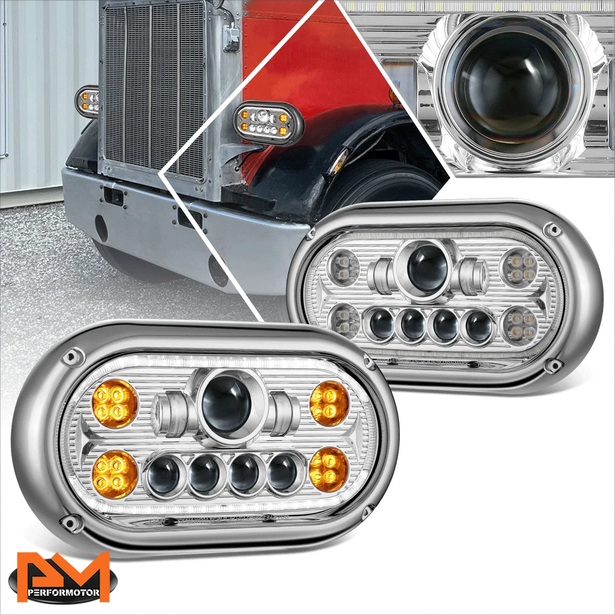 LED Halo Ring DRL Projector Chrome Headlights for Peterbilt 359 (1967–1987)